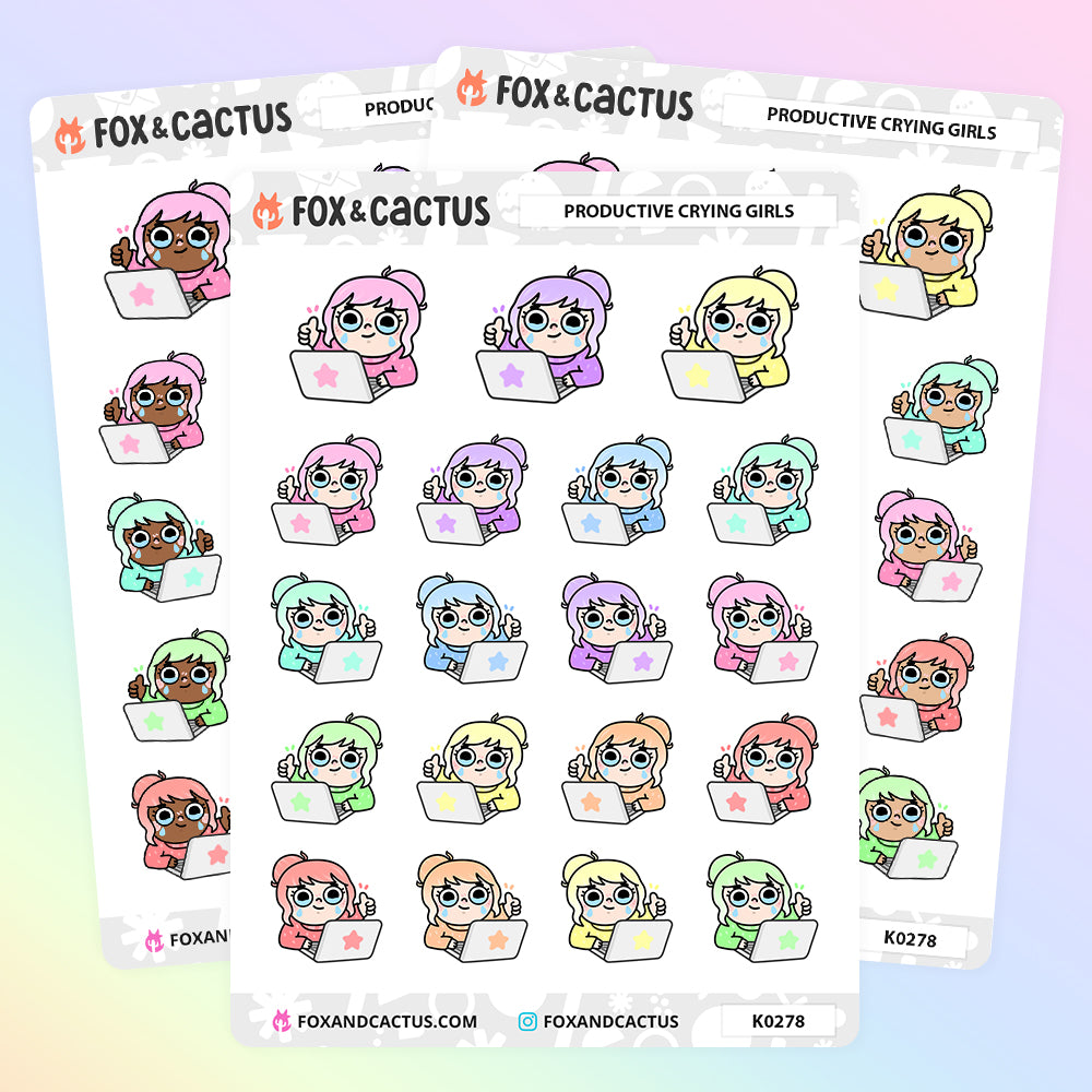 Rainbow Productive Crying Kawaii Girl Stickers